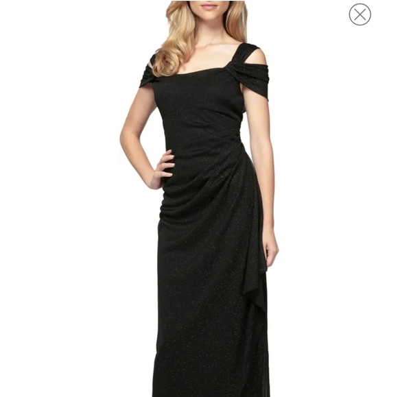 Women's Cold Shoulder Black Glitter Evening Gown Size 6Petite - Picture 3 of 16